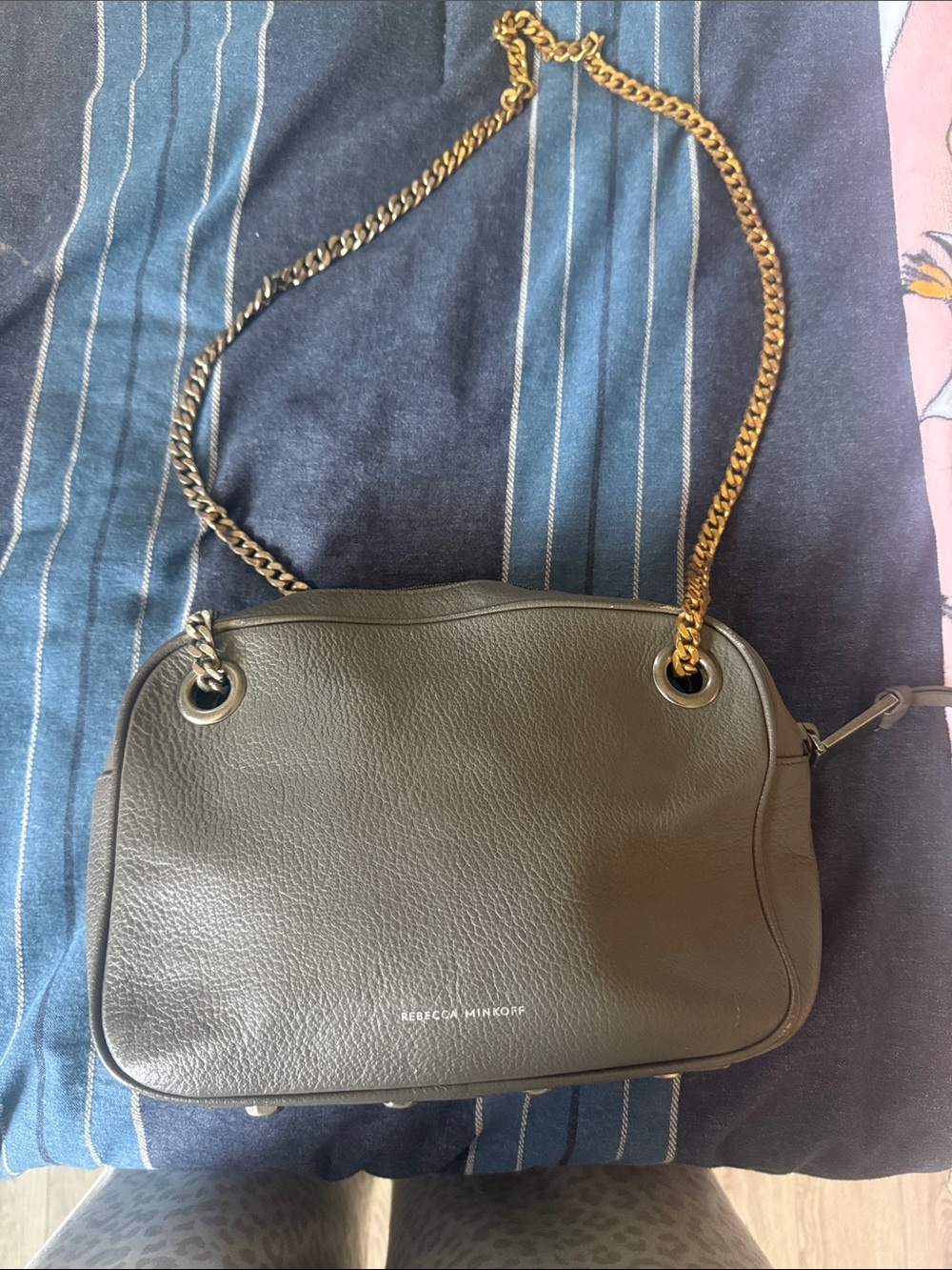 Rebecca Minkoff Gray Pebbled Leather Shoulder Bag with Gold Chain